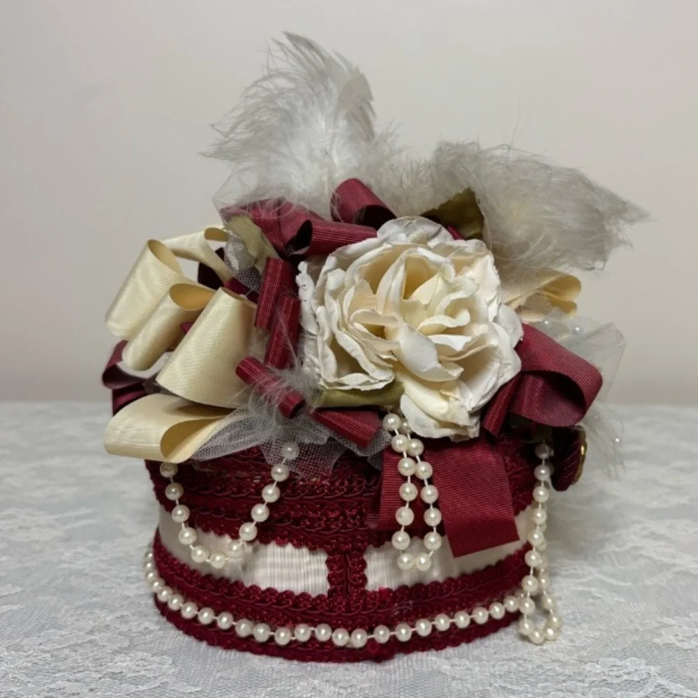 Victorian Lovers Box Handcrafted Woven Wicker Trinket Box Silk Satin Lace Pearls